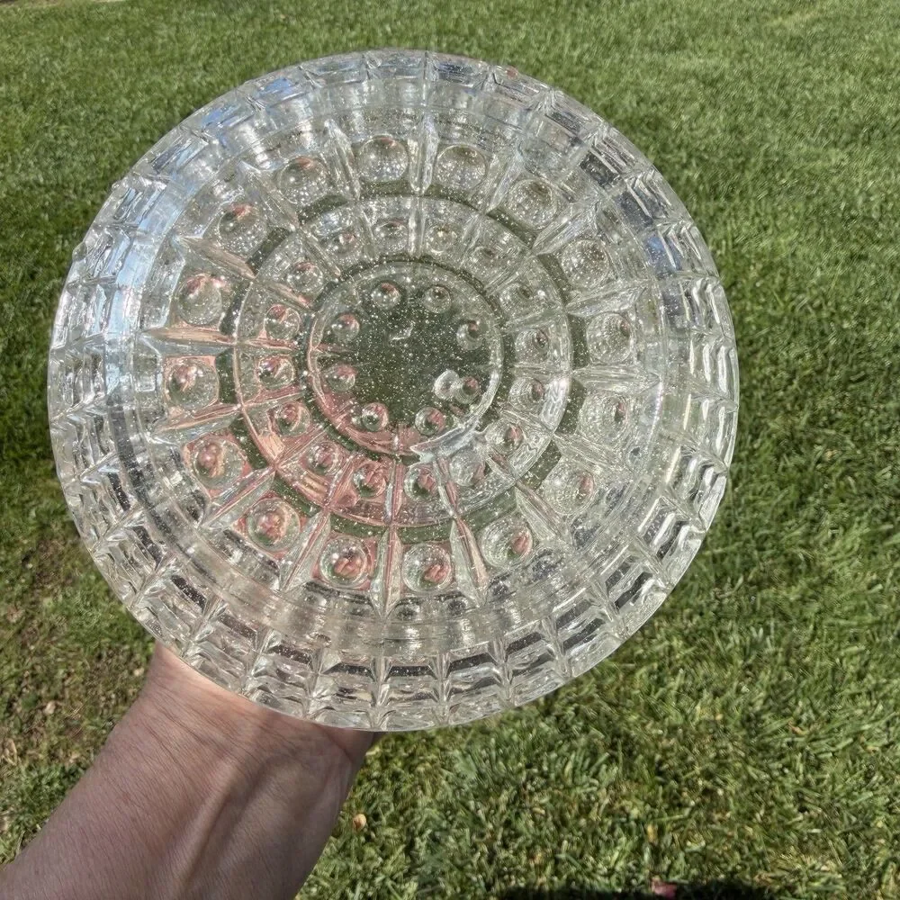 Vtg Waffle Block Pattern Flush Mount Clear Glass Ball Globe Shade Light Fixture